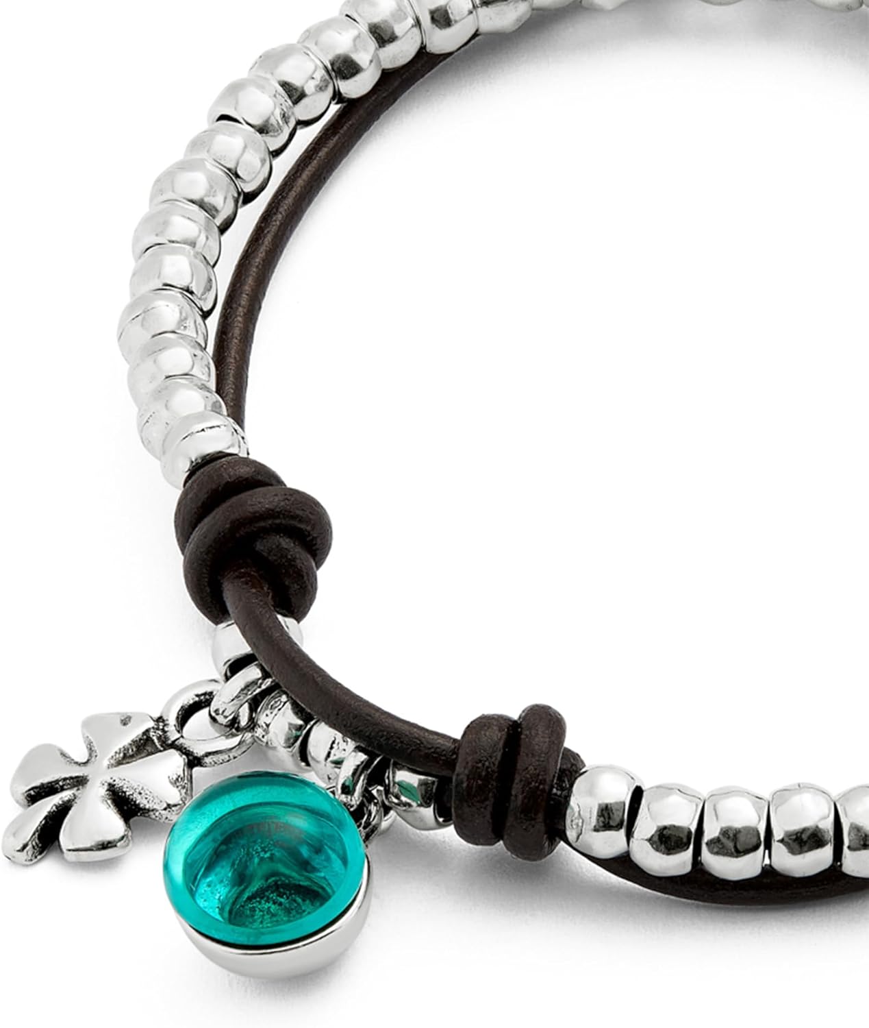 Detalle 2 de Uno de 50 Bracciale a sfera placcato argento sterling con pelle e vetro di Murano verde