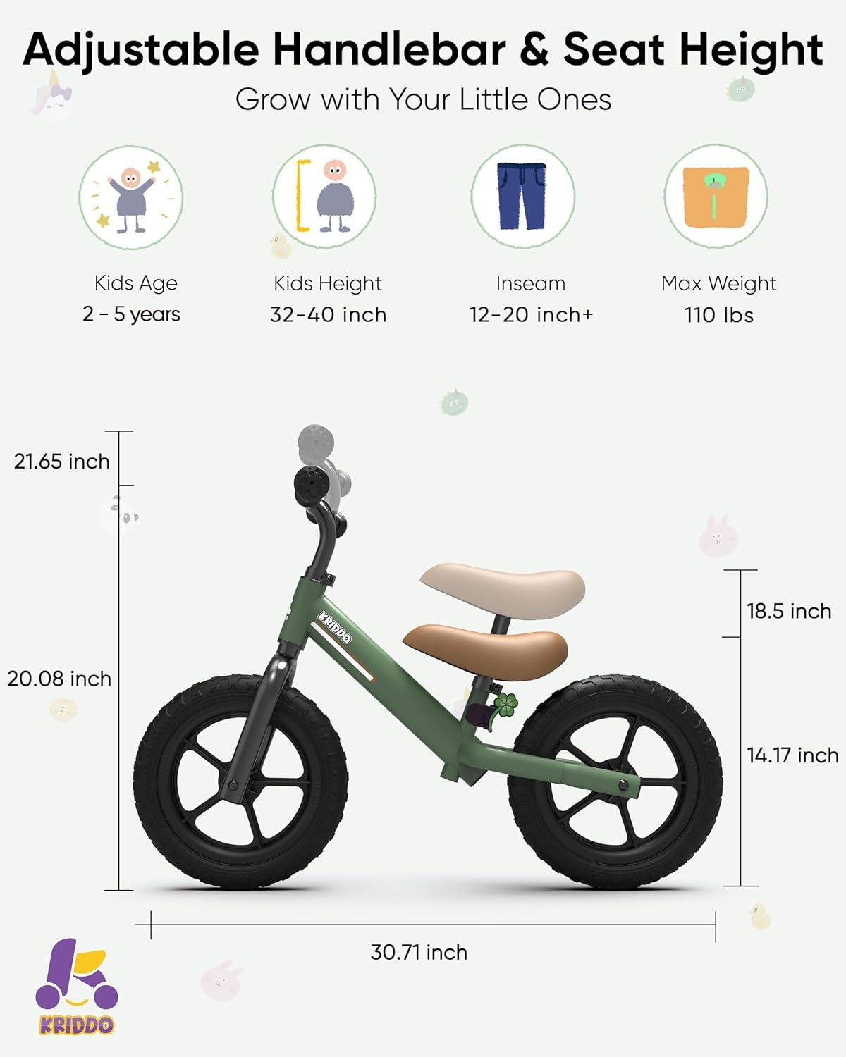 Thumbnail 6 de KRIDDO Toddler Balance Bike for 2–5 Years: Adjustable, All-Terrain 12-inch Balance Bike