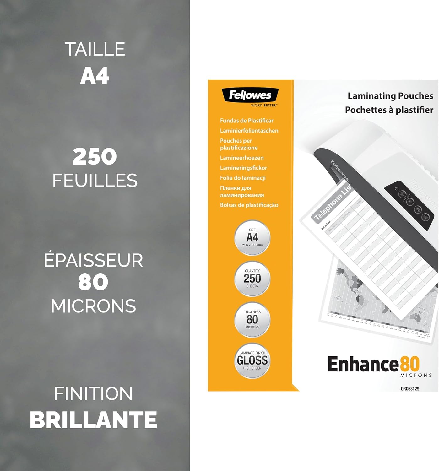 Detalle de Fellowes Enhance – Pochettes de plastification brillantes A4 80 microns, pack de 250 transparents