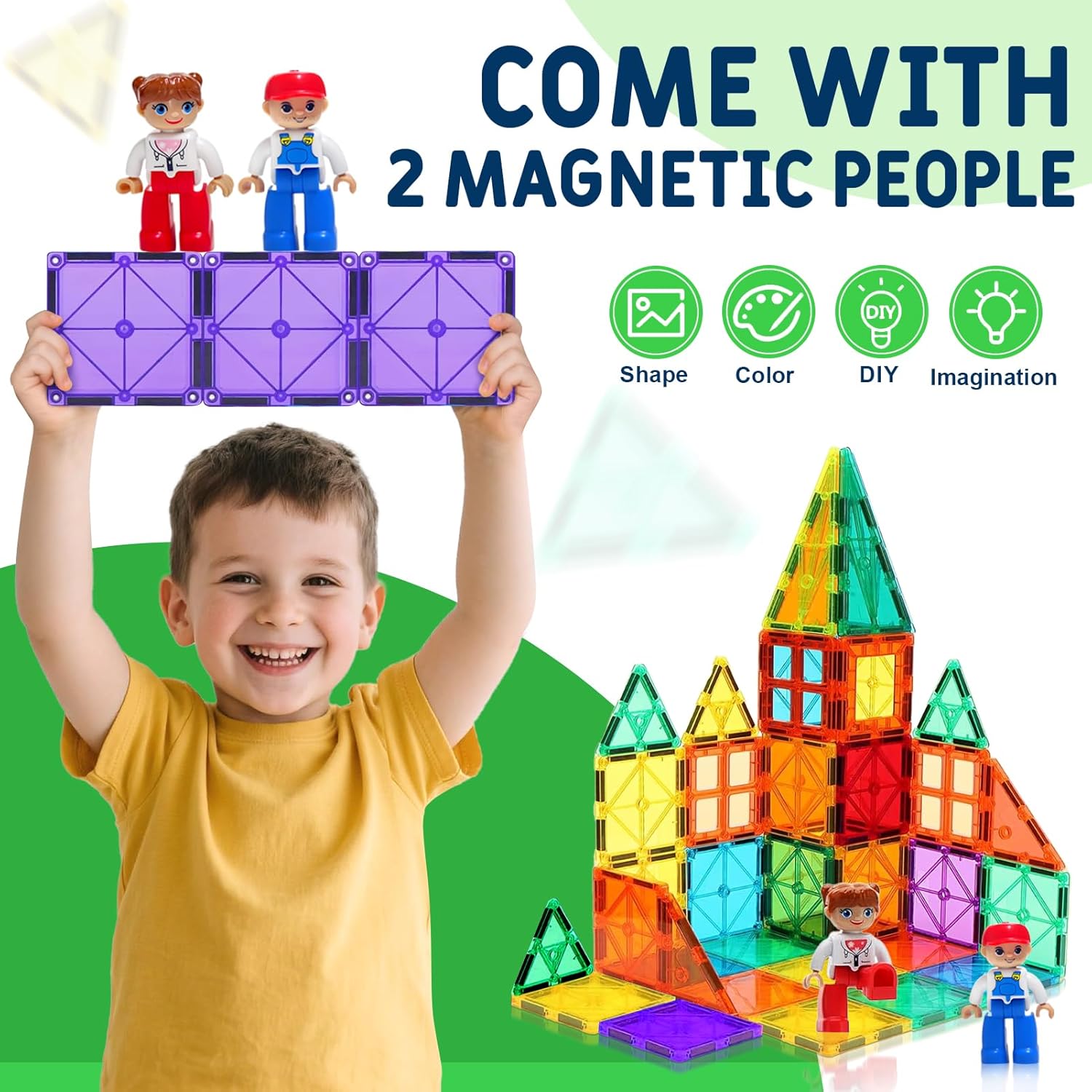 Thumbnail 2 de Magnetische Bausteine 120-tlg. Set mit 2 Magnetfiguren und 2 Autos – Montessori Magnetspielzeug für Kinder ab 4 Jahren