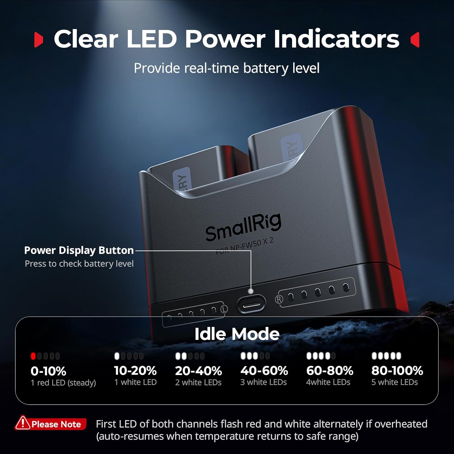 Detalle de SMALLRIG caricabatterie NP-FW50 doppio slot con USB-C 11 W per Sony A6000/A6400 e ZV-E10