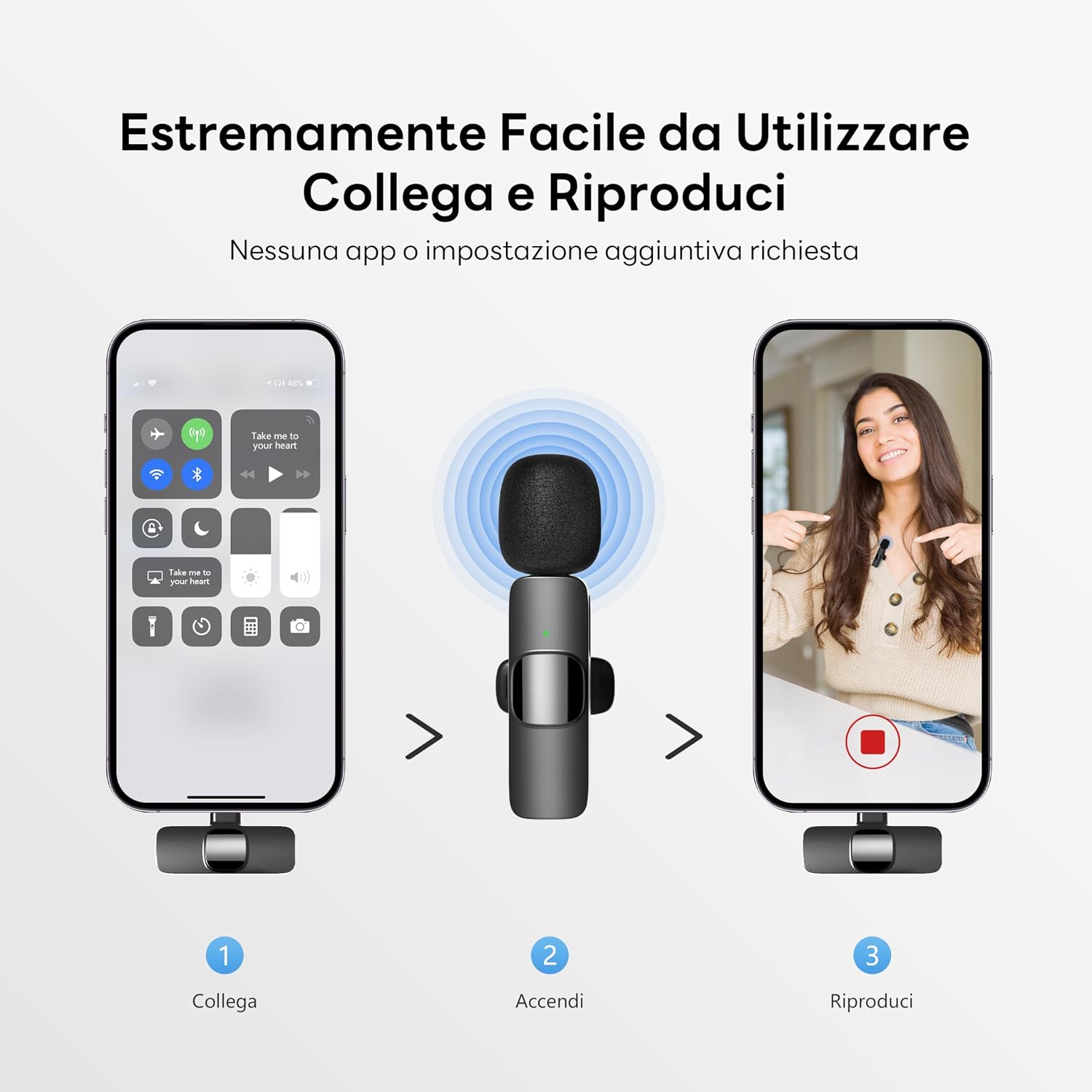 Detalle de Qhot Microfono Wireless Lavalier per iPhone/Android/PC – Batteria 10 Ore, Cancellazione del Rumore, Plug & Play