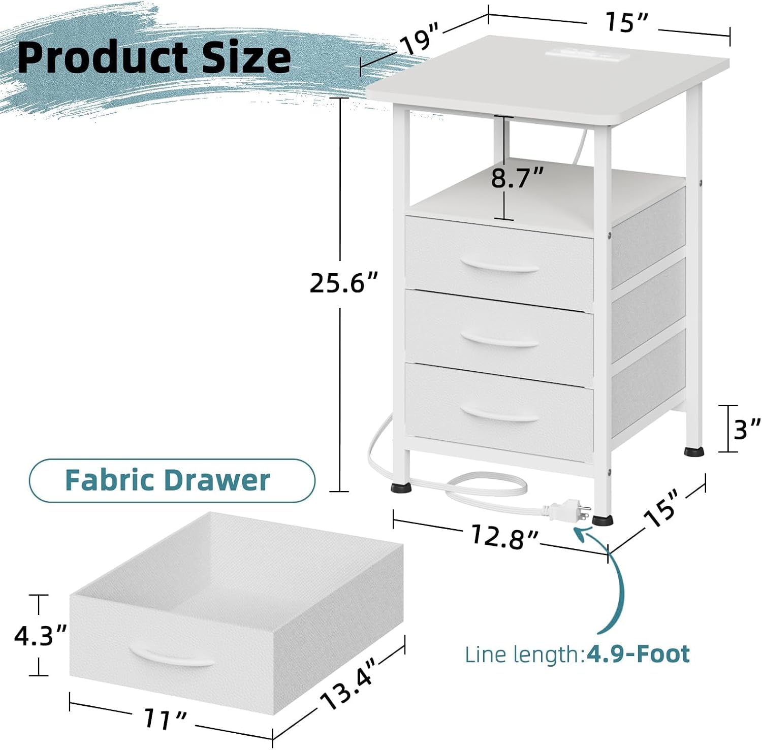 Detalle de GYIIYUO Night Stand Set 2 with 19" x 15" Tabletop, 3 Drawers & Charging Ports