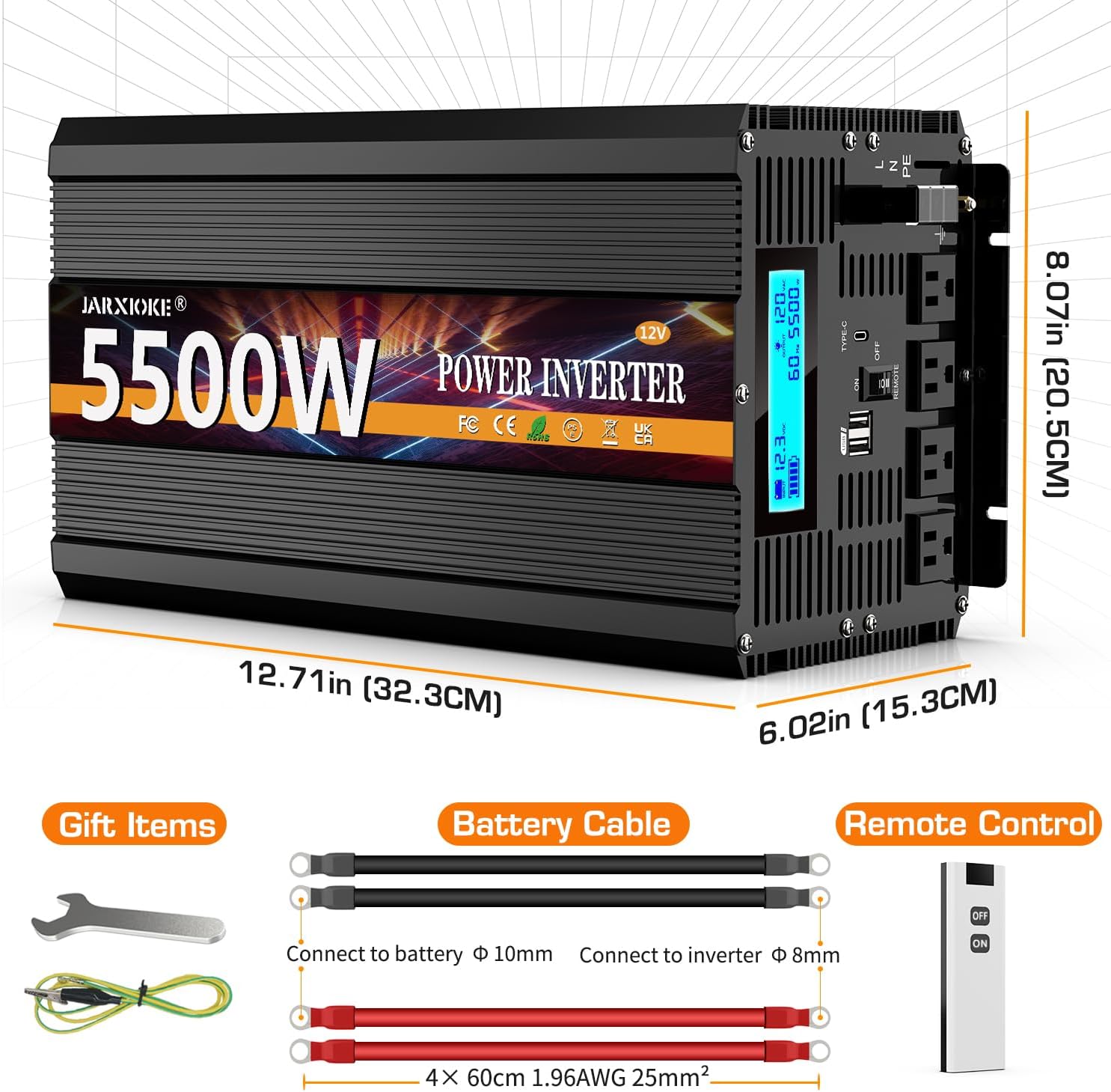 Detalle 2 de 5500W 12V DC to 110/120V AC Inverter with LCD, Type-C, 3 Outlets, Dual USB, Remote