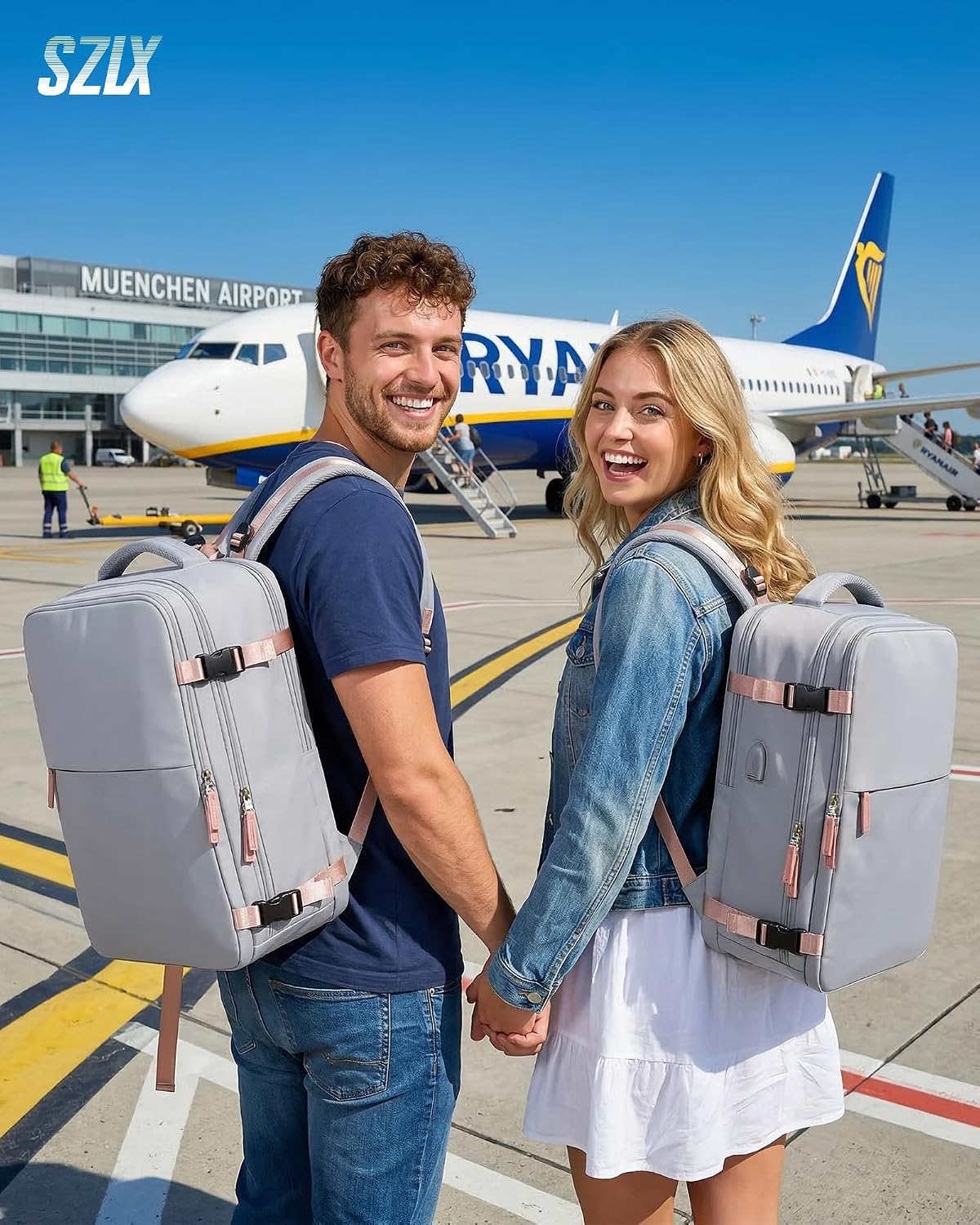 Detalle de SZLX Vakuum-Rucksack fürs Ryanair- & Wizz-Air-Handgepäck (40×30×20 cm) mit Pumpe, Laptopfach (bis 14 Zoll) und Schuhfach