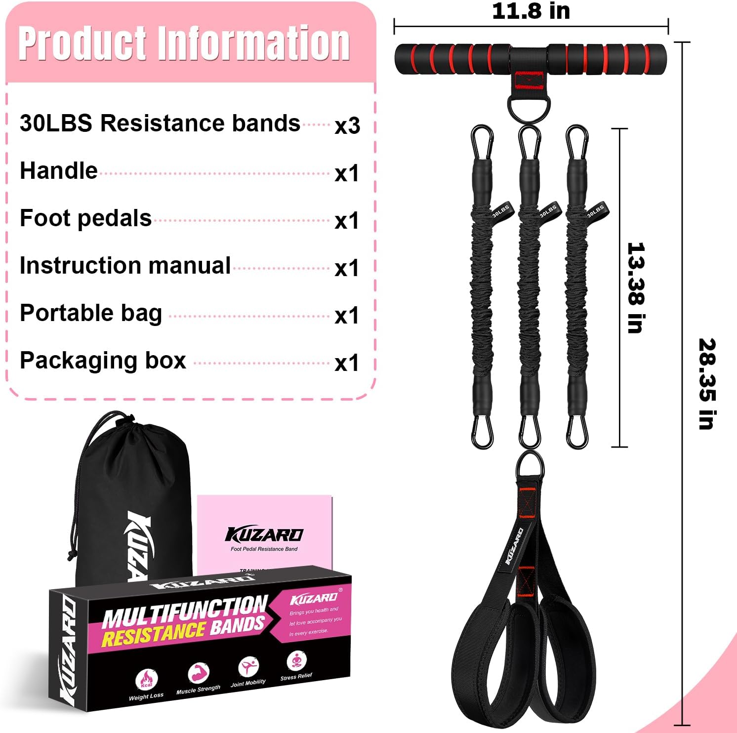 Thumbnail 6 de KUZARO Upgraded Multifunction Pedal Resistance Band with Handle — 3-Tube Adjustable 30–90 lb, Full-Body Sit-Up & Pilates Kit for Women
