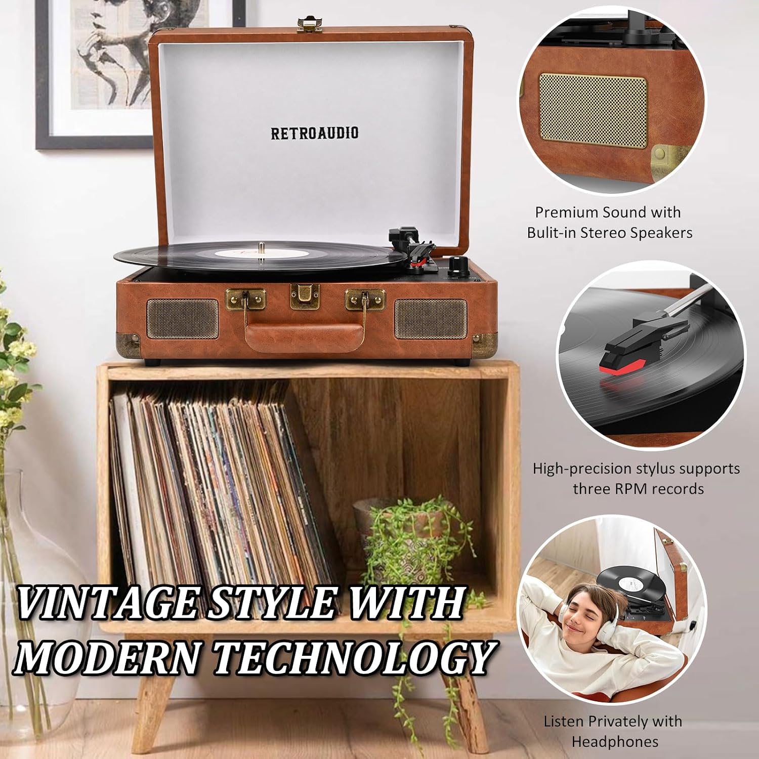 Detalle de RetroAudio JM-101 3-Speed Suitcase Record Player with Bluetooth, Brown