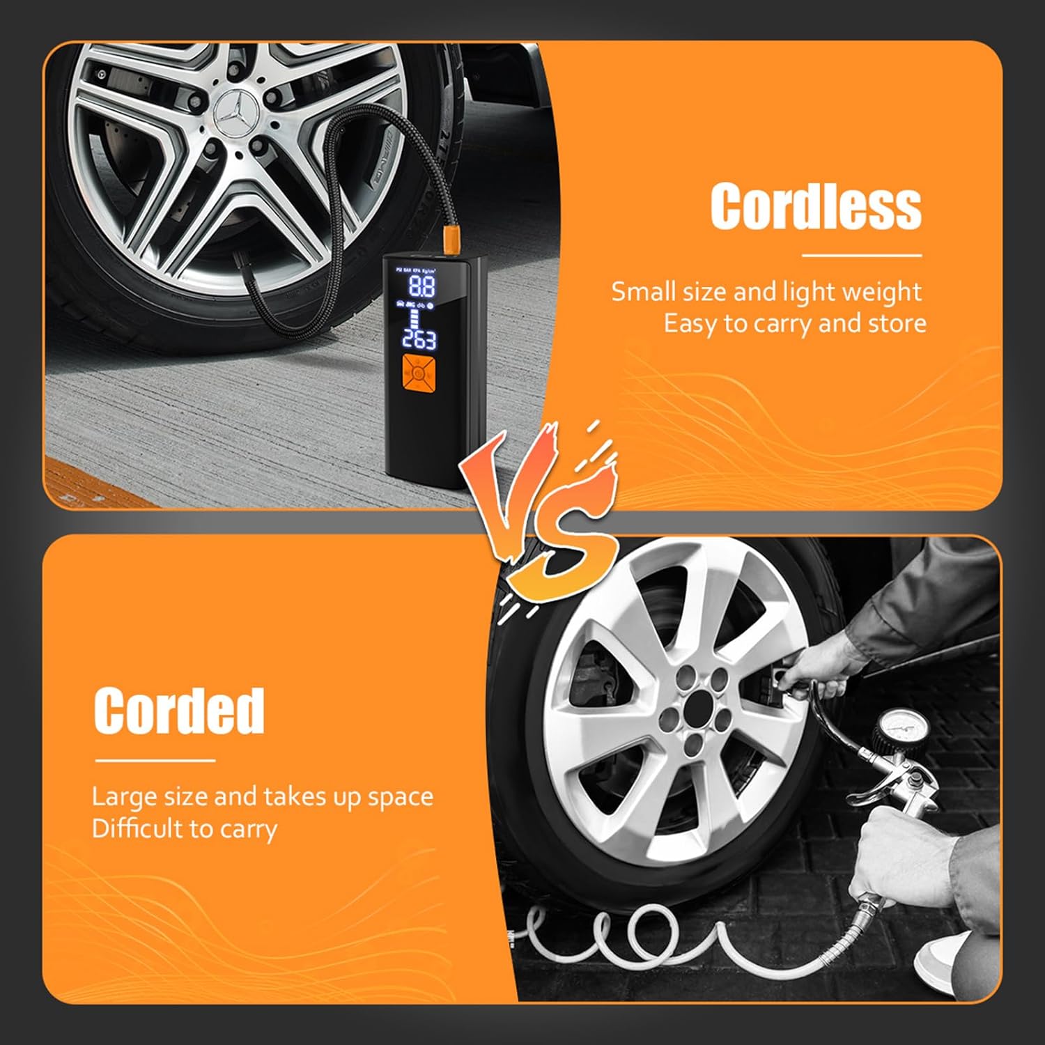 Detalle de Tyre Inflator Portable Air Compressor with 20000mAh Battery and 150PSI – Cordless Car, Motorcycle, Bike and Ball Pump (Raven Black)