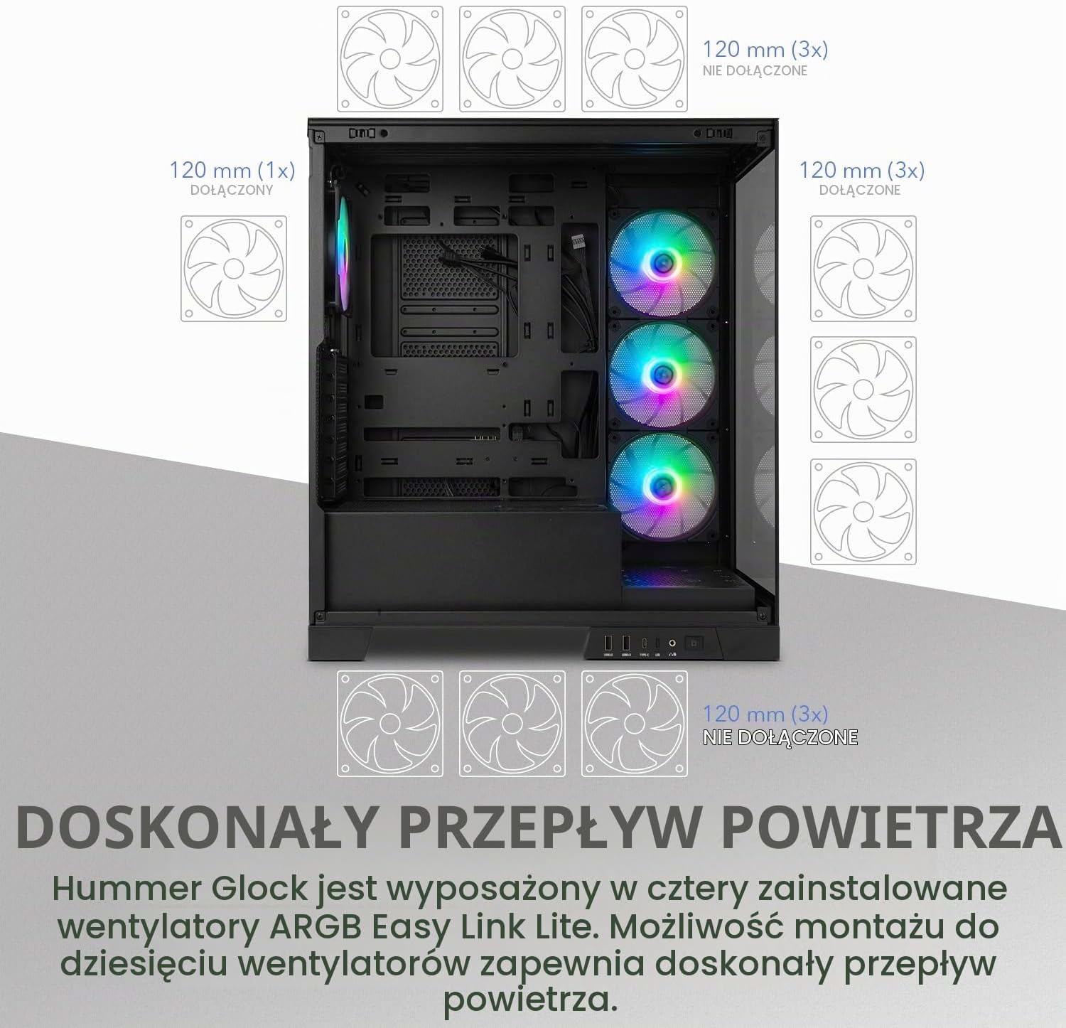 Detalle 2 de NOX XTREME PRODUCTS NXHUMMERGLOCKBK – obudowa ATX z panoramicznym szkłem i 4 wentylatorami ARGB