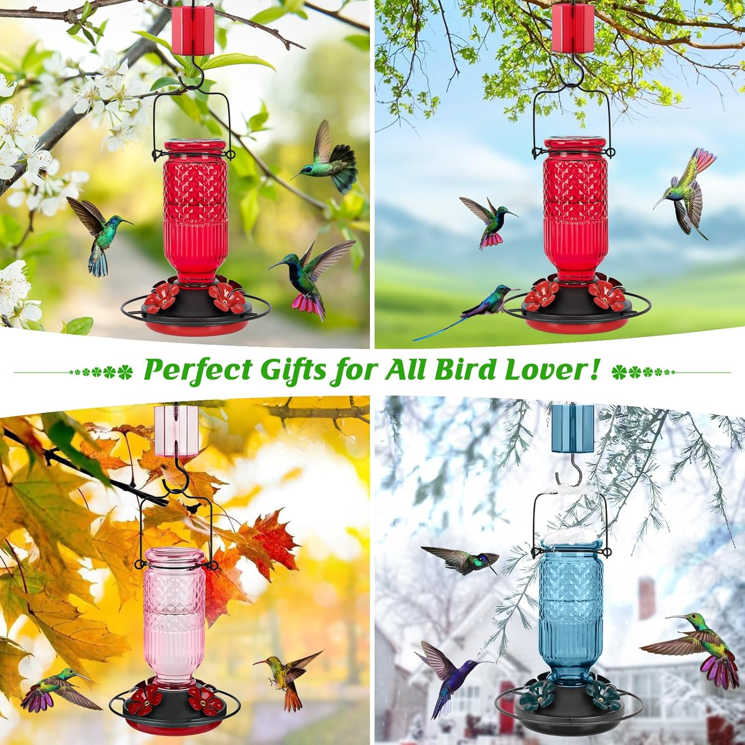Thumbnail 4 de FEED GARDEN Glass Hummingbird Feeder (16oz) with Bee Guards & Ant Moat, Blue