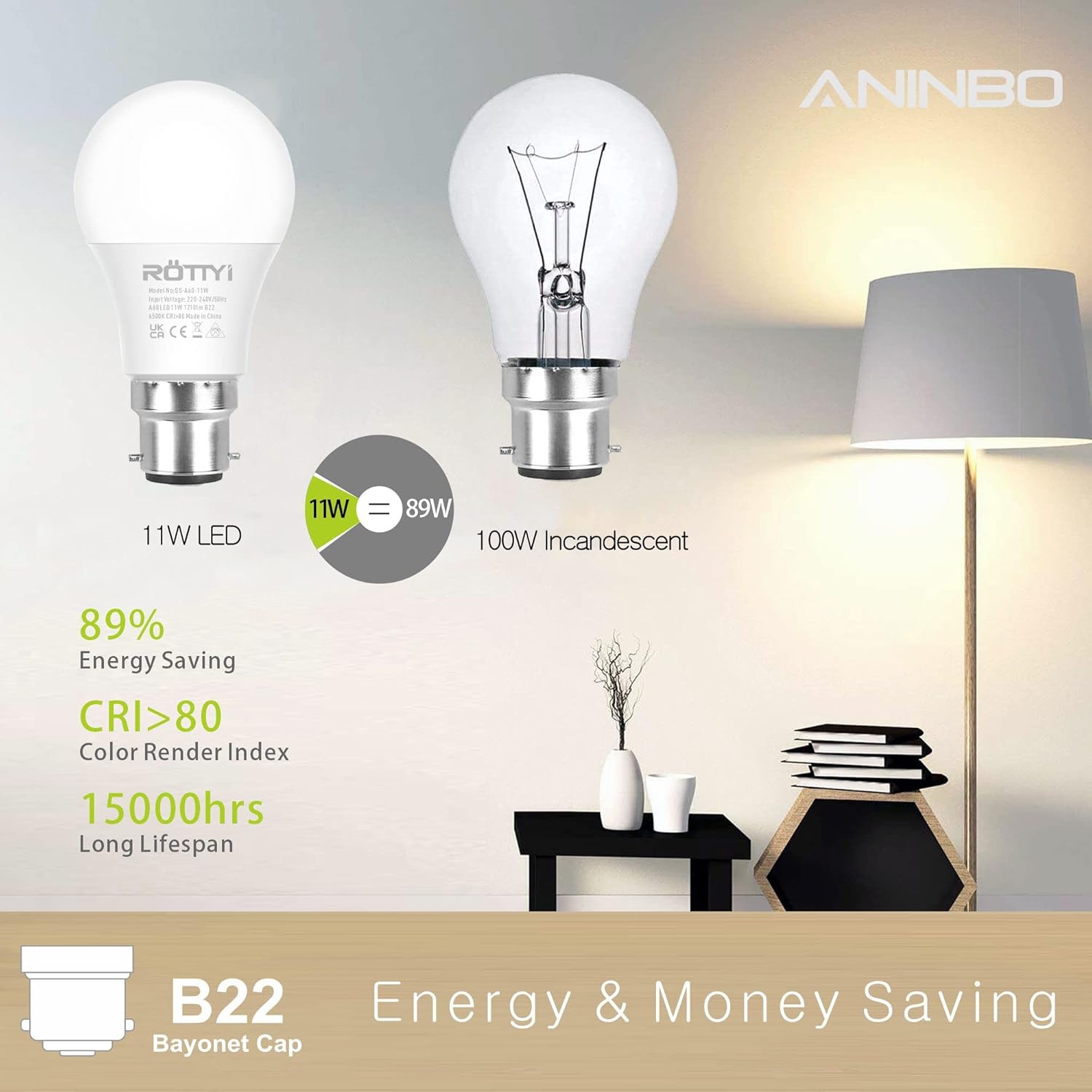 Thumbnail 1 de ROTTYI B22 Bayonet LED Bulbs 11W (100W Equivalent), 6500K Daylight, Pack of 6