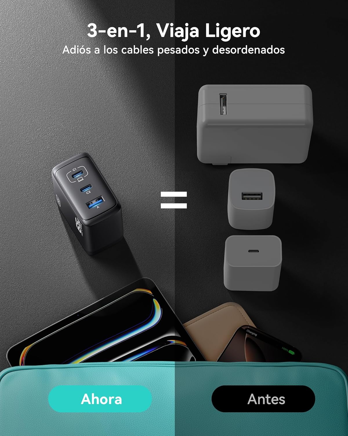 Detalle 2 de INIU 65W Cargador USB C 3 puertos