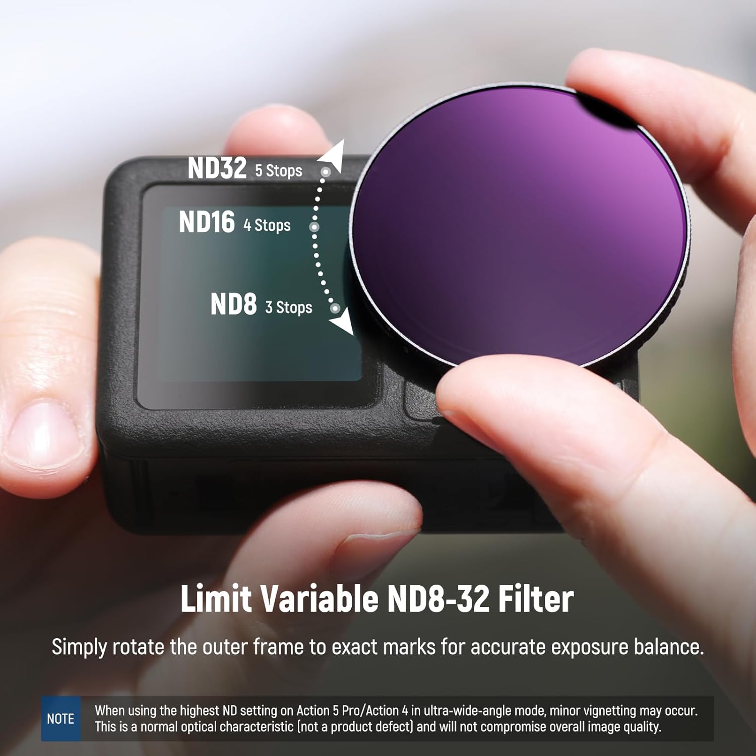 Detalle 2 de NEEWER Variables ND Filter Objektiv Set – Graufilter kompatibel mit DJI Osmo Action 5 Pro/4 (ND8-32, 185° FOV)