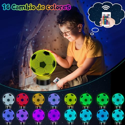 Detalle de Linkax Luz Nocturna 3D Fútbol Infantil: Ilusión Óptica, 16 Colores y Control Remoto