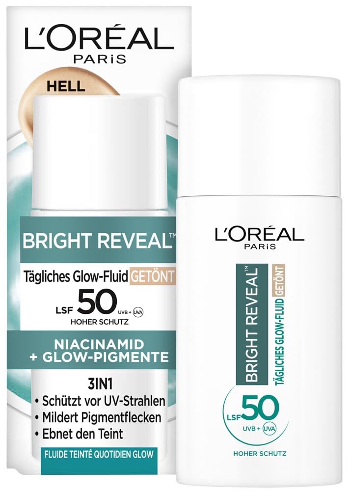 Detalle de L’Oréal Tägliches Getöntes UV Glow-Fluid LSF 50 mit Niacinamid + Glow-Pigmenten, Farbe Hell (Bright Reveal) – 50 ml