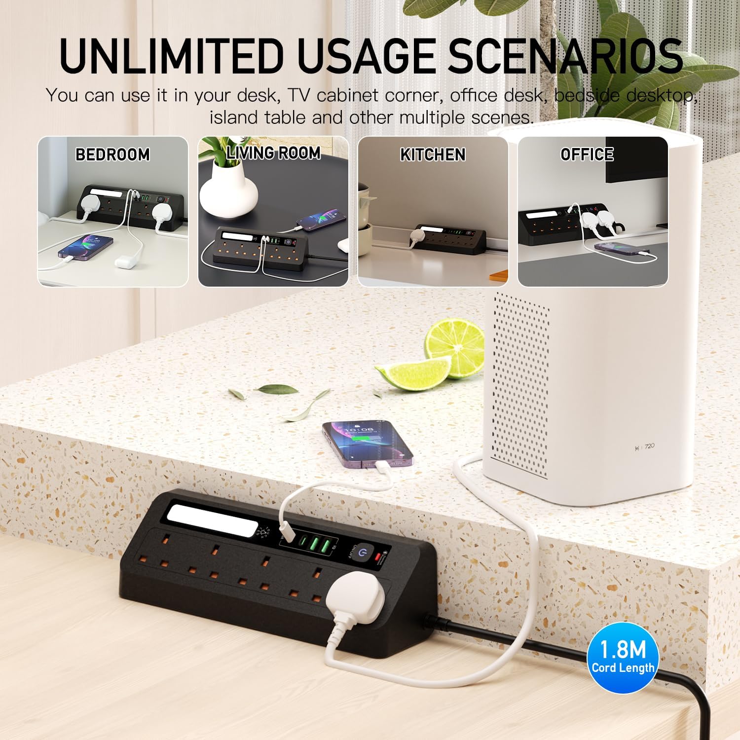 Thumbnail 4 de BOCHLION Desk Extension Lead 1.8m with USB Ports 🔌