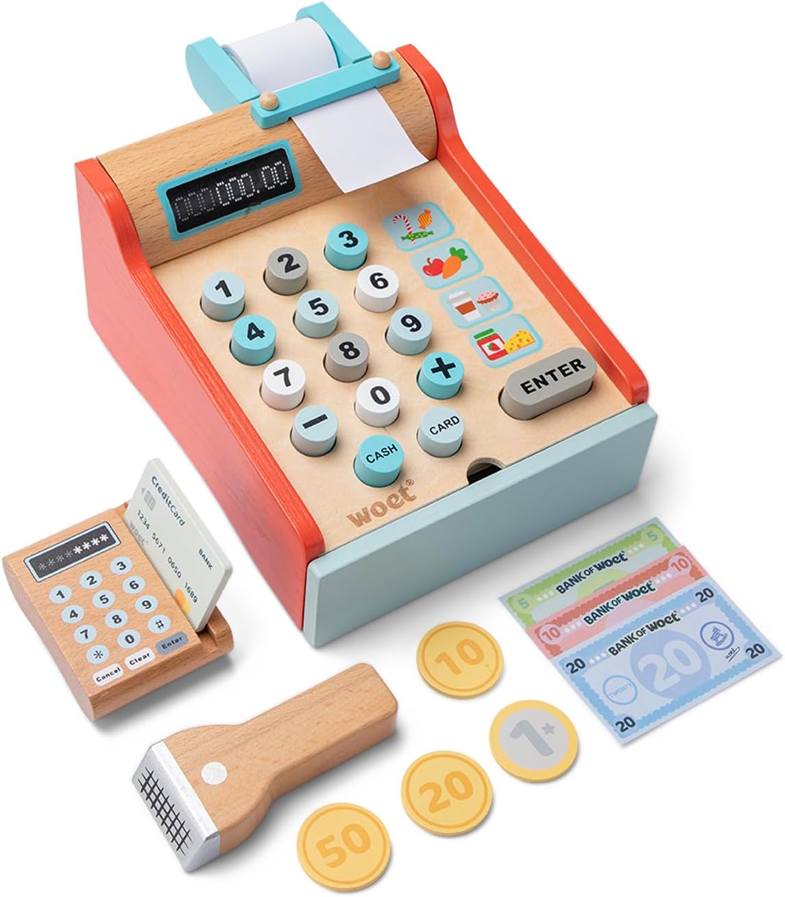 Detalle 2 de New Classic Toys 10650 – drewniana kasa sklepowa z monetami i banknotami