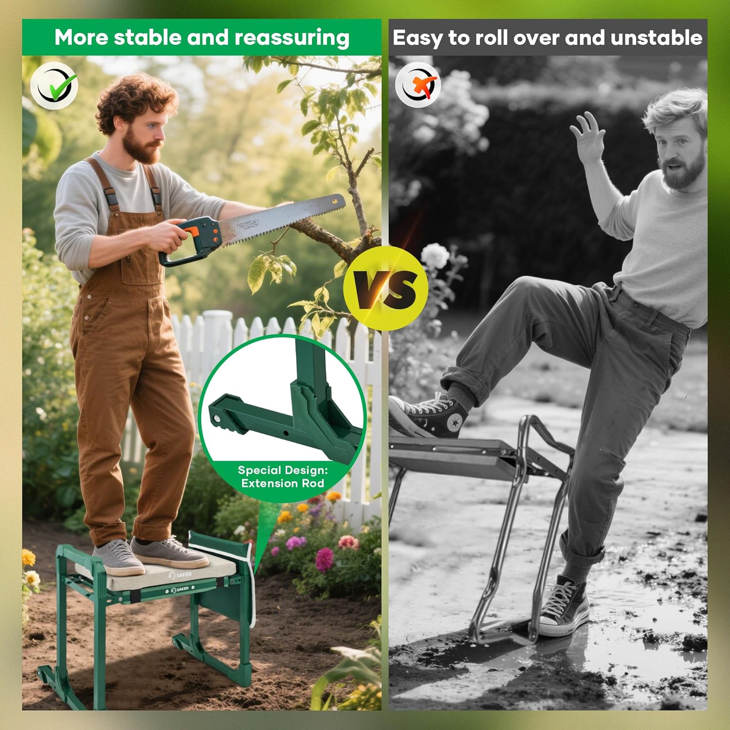 Detalle de Saker Garden Kneeler and Seat Foldable Gardening Stool with Extendable Legs – 500lbs Capacity