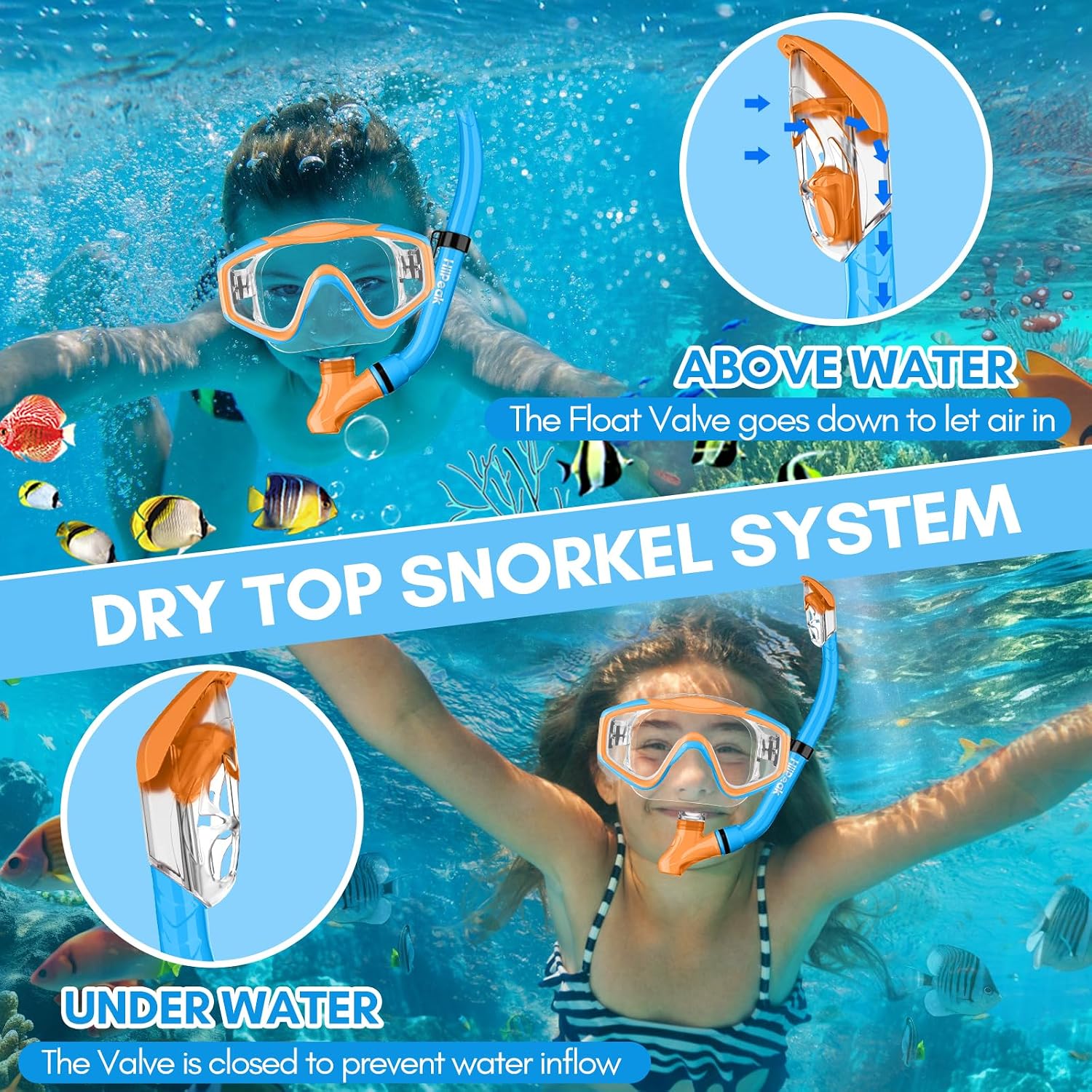 Detalle de HiiPeak Kids snorkel set for dry breathing