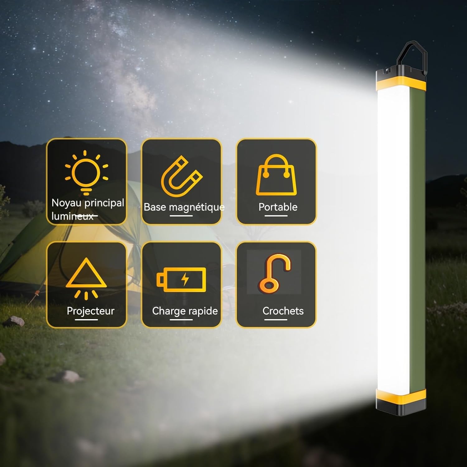 Thumbnail 6 de Barre lumineuse magnétique pour tente – lampe de camping rechargeable 4 modes, 400 lumens, USB et 1200 mAh