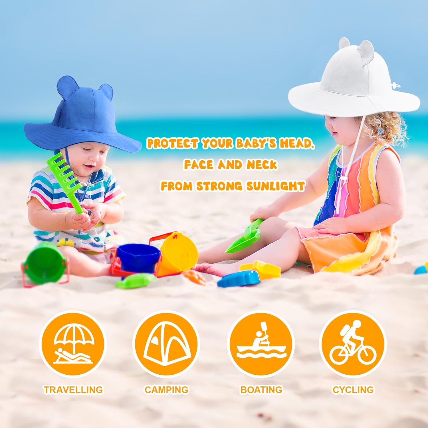 Detalle de DRESHOW Baby Sun Hat with Bear Ears — UPF 50+ Toddler Beach Cap in Cotton, Unisex, with Chin Strap