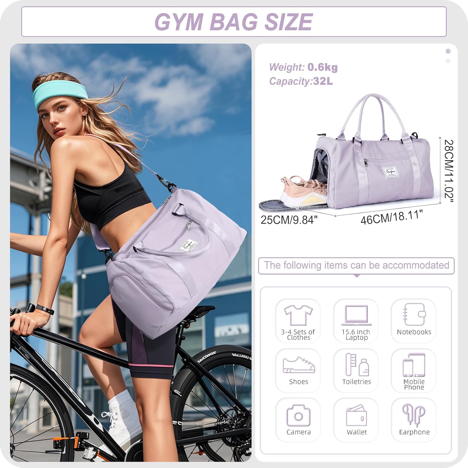 Detalle de WEPLAN Sport-Duffelbag mit Nassfach & Schuhfach (Handgepäck) – Lila