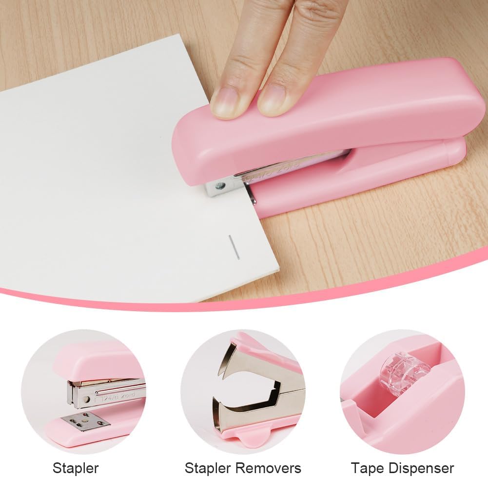 Detalle 2 de OFFCUP roze bureauaccessoireset met nietjes, plaknotities en meetlint