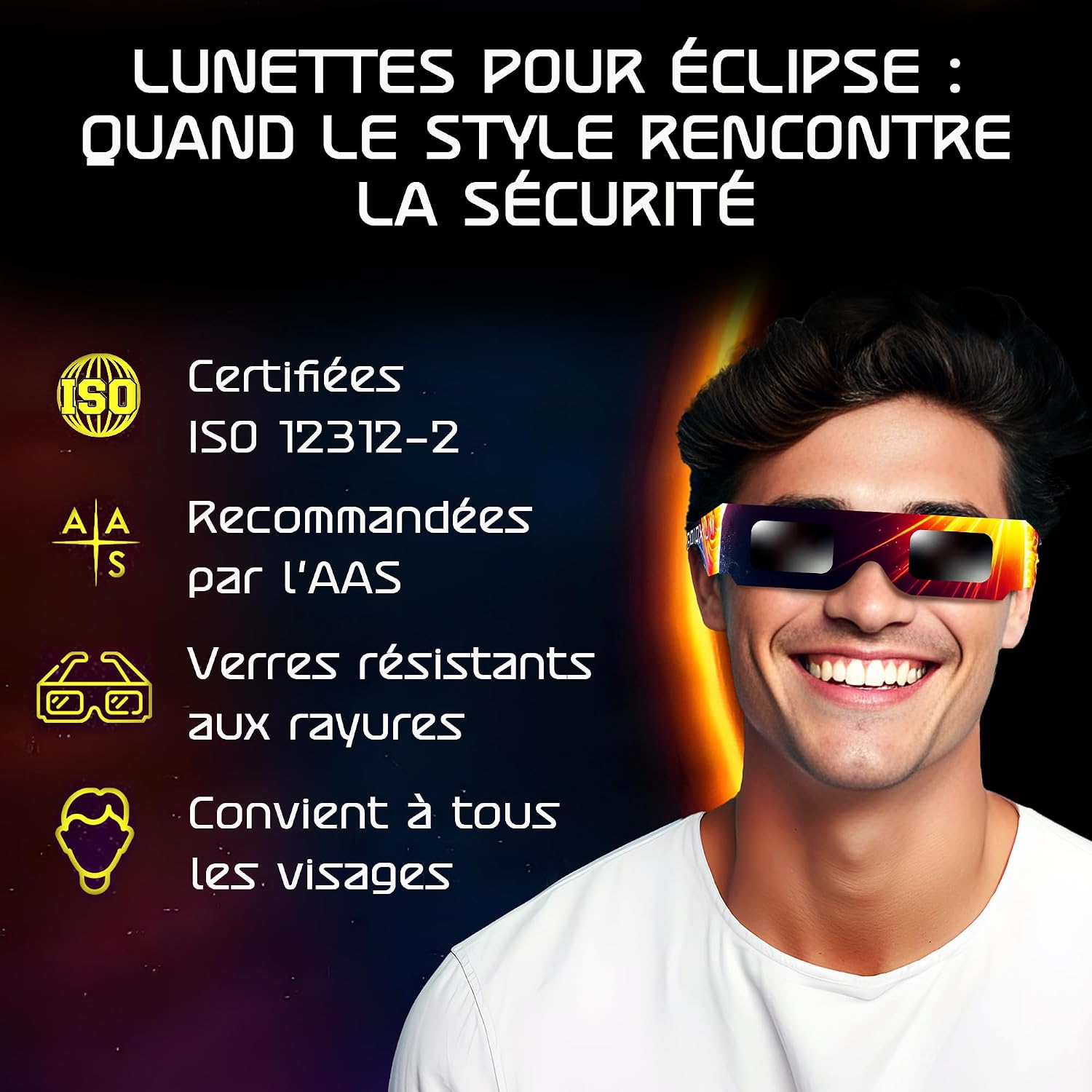 Detalle 2 de Lunettes d’éclipse solaire Galaxium (lot de 25) homologuées AAS 2026, certifiées ISO 12312-2 et CE