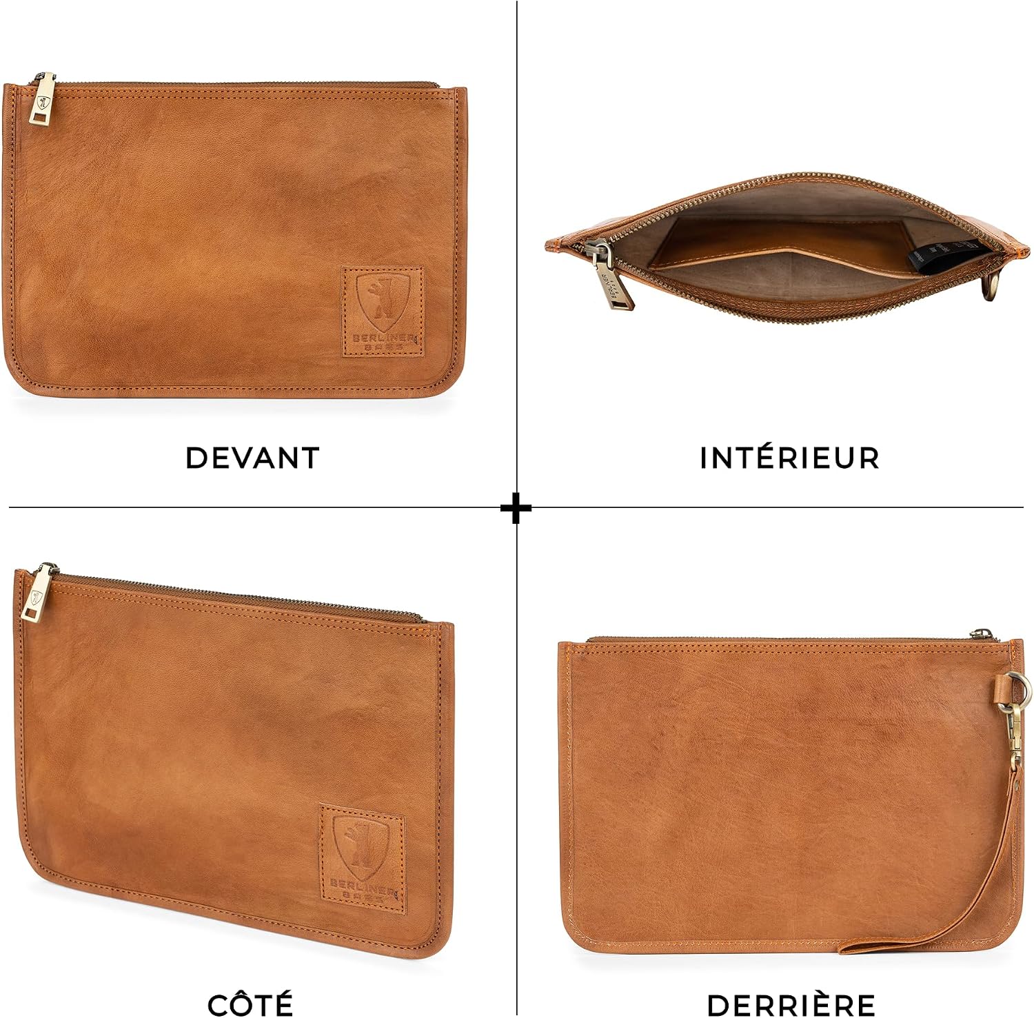 Detalle de Berliner Bags Theo XL : pochette en cuir véritable pour documents et passeport (maron) avec fermeture éclair