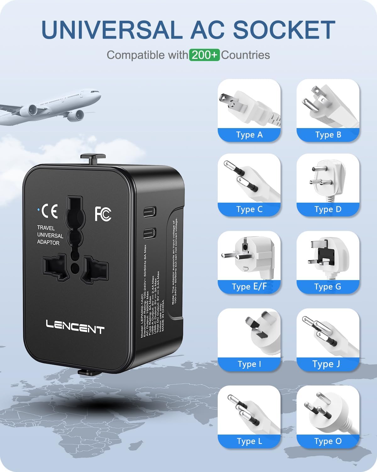 Detalle 2 de LENCENT Adaptador Internacional de Viaje 4 en 1