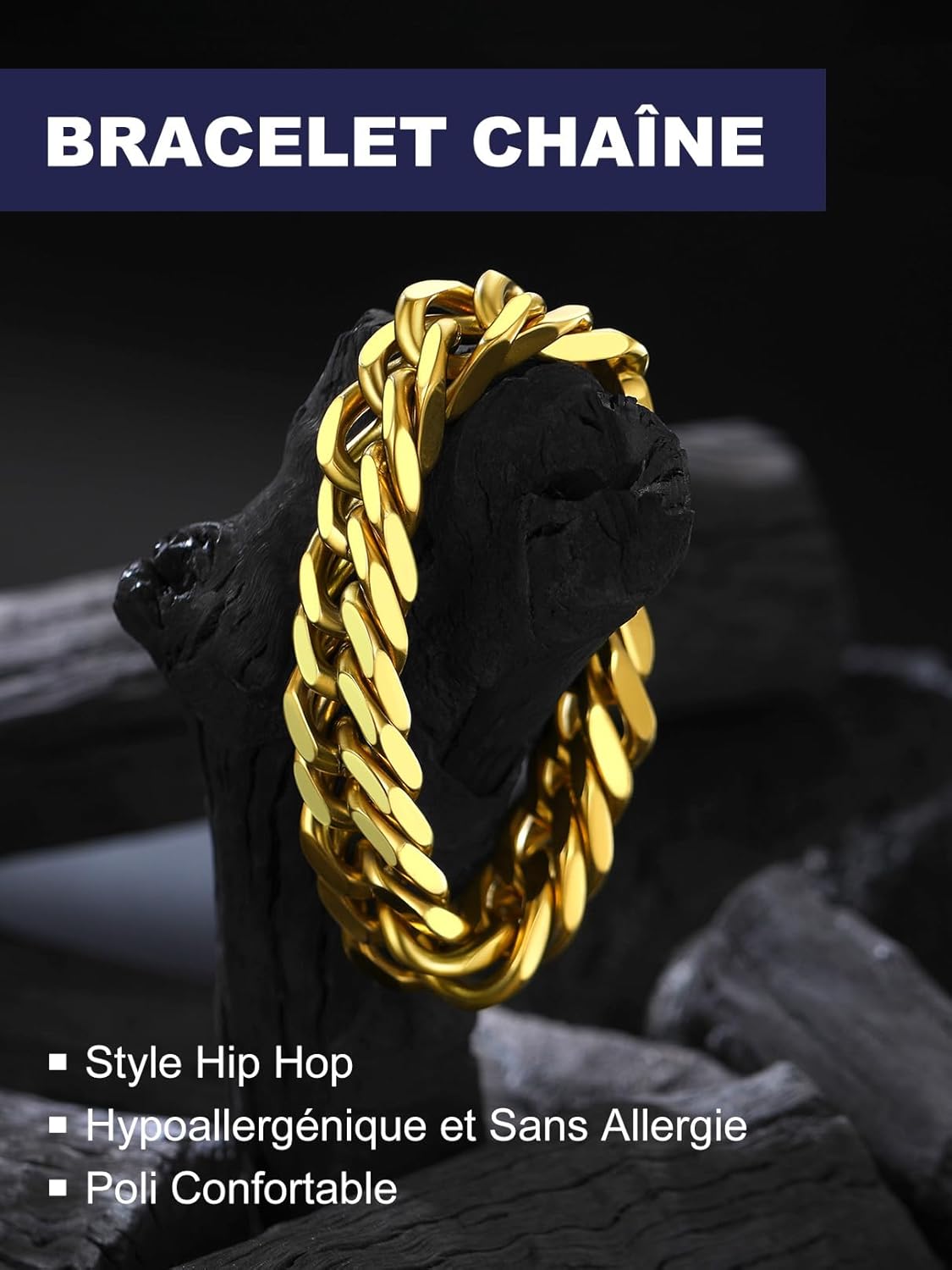 Thumbnail 2 de Bandmax Bracelet Cubain Homme acier inoxydable 316L plaqué or jaune – longueur 21 cm, style hip hop
