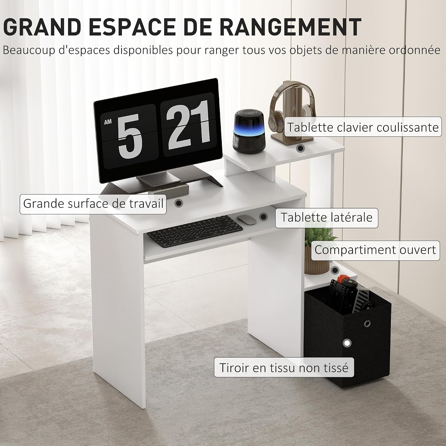Detalle de HOMCOM Bureau informatique multimédia avec étagères, tablette et clavier – 100 x 40 x 86,6 cm, noir/blanc