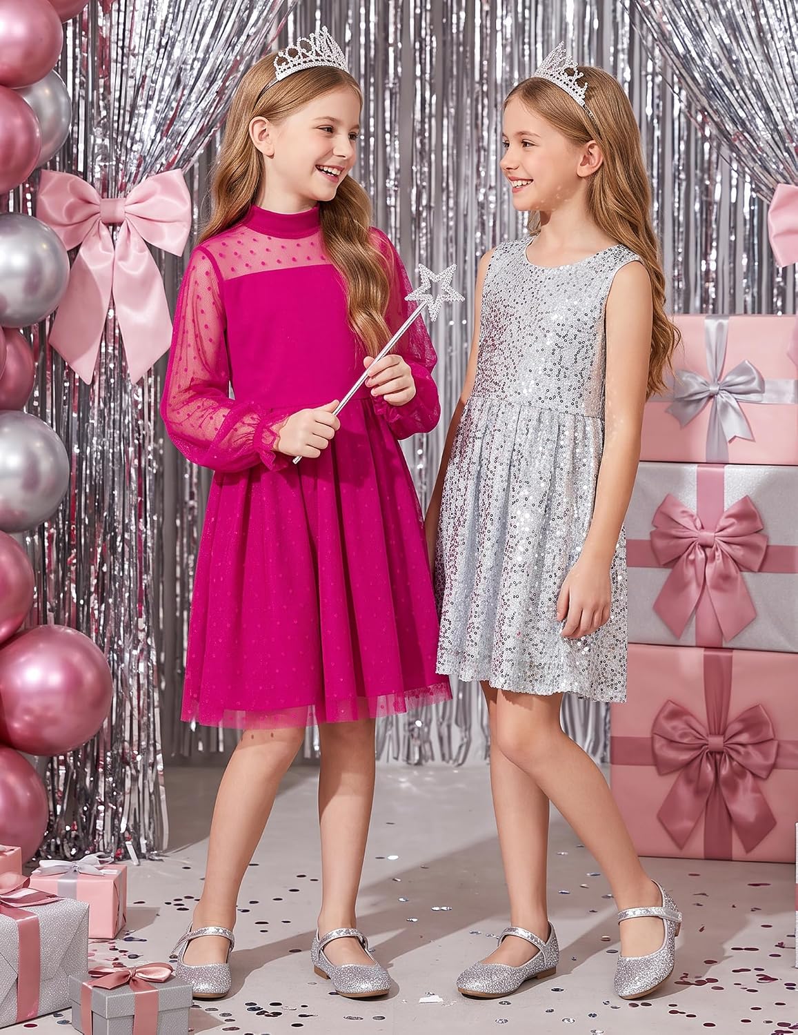 Detalle 2 de Arshiner AMS006286_RR_6 Girls’ Tulle Dress with Mesh Sleeves and Mock Neck