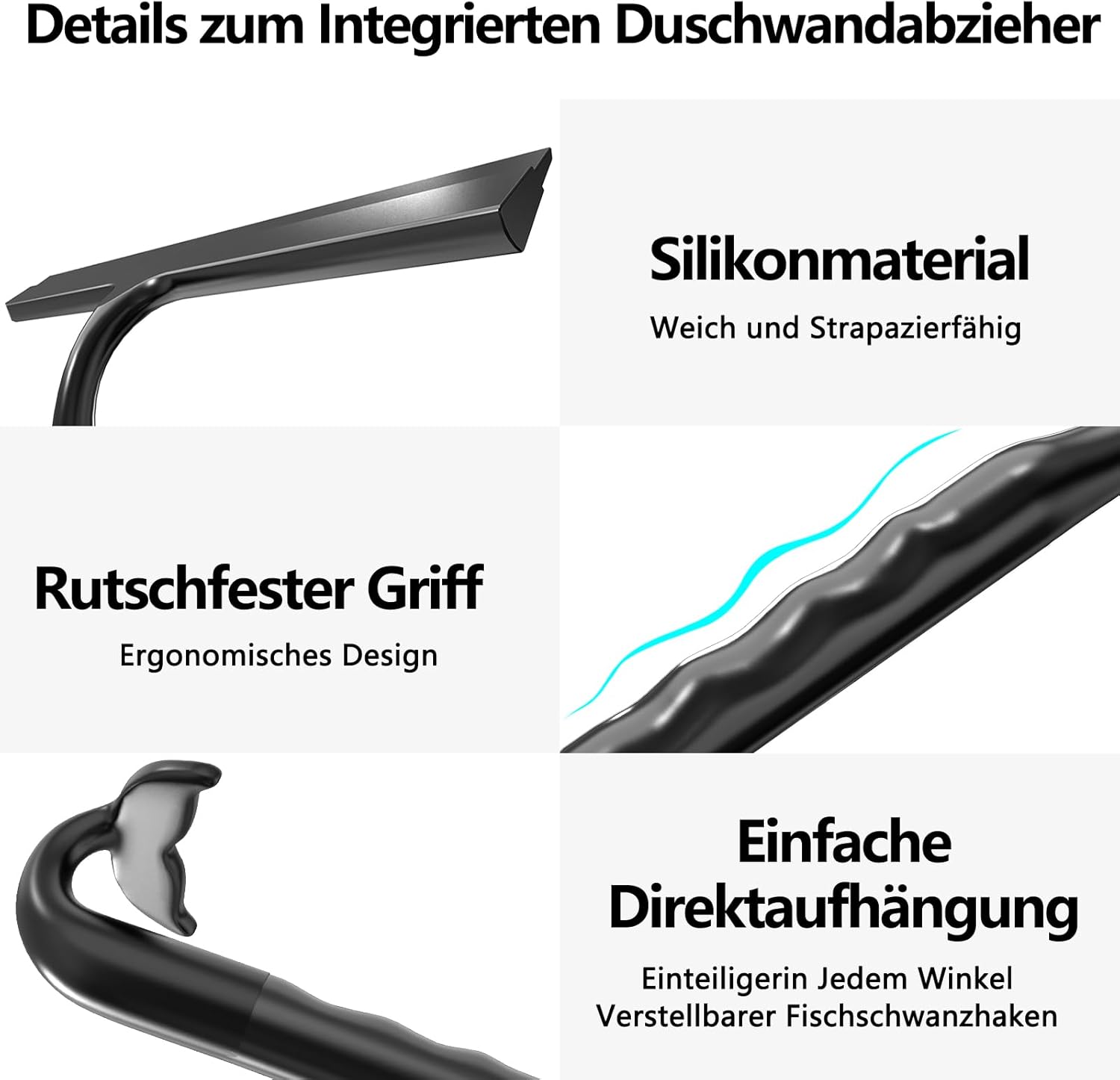 Thumbnail 2 de Duschabzieher Schwarz (Silikon, 25 cm) mit integriertem Haken – einteilig, streifenarm für Dusche & Glas