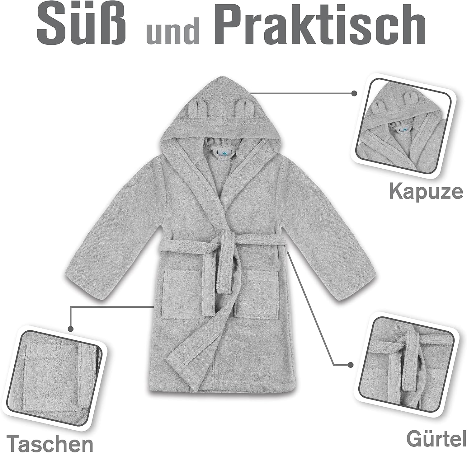 Detalle de Twinzen Kinderbademantel aus 100% Baumwolle mit Kapuze und Ohren – mit 2 Taschen, Gürtel
