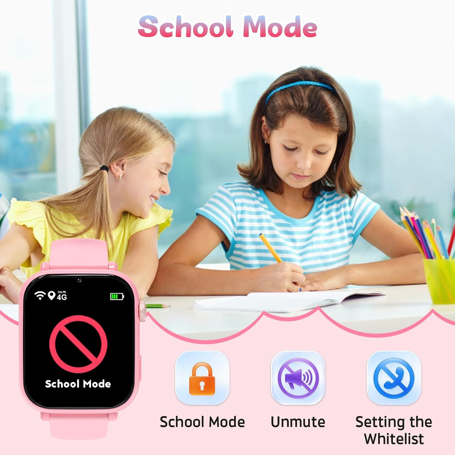 Detalle 2 de PTHTECHUS Montre Connectée Enfant 4G Rose – GPS, Appels Vidéo et Mode École