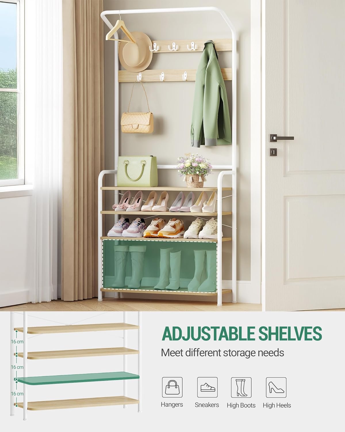 Thumbnail 4 de Hzuaneri Meuble d’Entrée HT19016W : porte-manteau avec porte-chaussures et 9 crochets