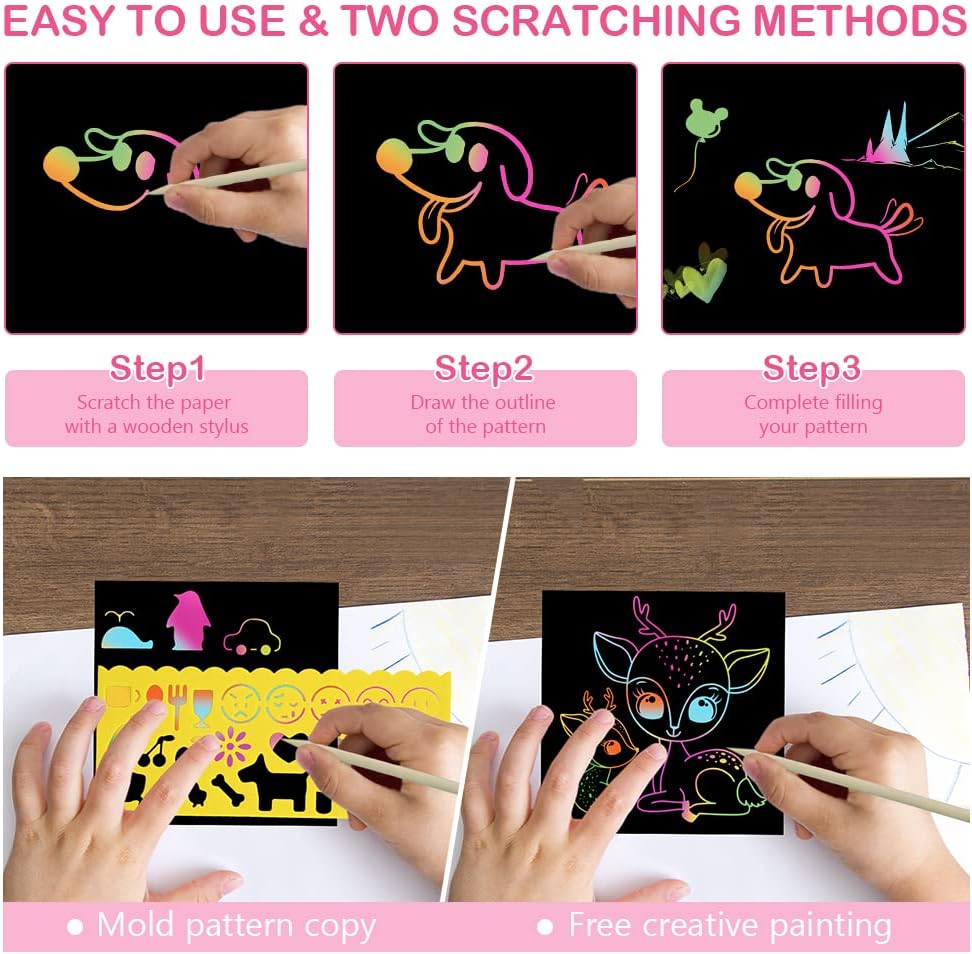 Detalle de Vicloon Rainbow Scratch Art – 50 skrapbilder med schabloner och träpennor