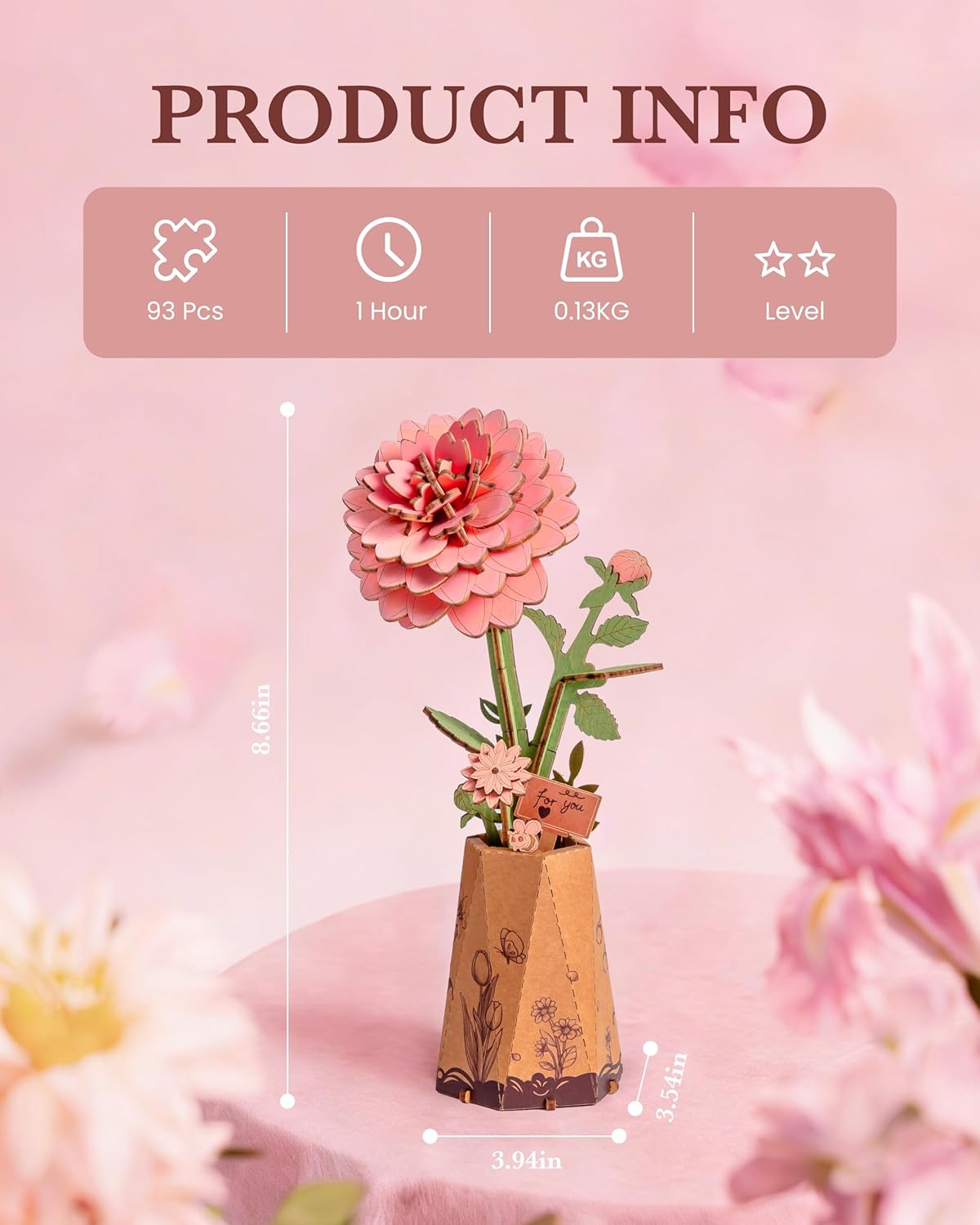 Thumbnail 2 de ROBOTIME 3D Wooden Pink Dahlia Flower – DIY Craft Kit for Adults