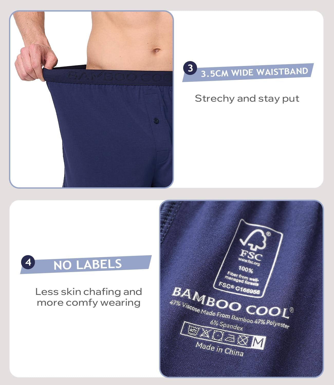 Detalle de BAMBOO COOL Mens Underwear Boxers: Moisture-Wicking, Loose Fit, Super Soft 4 Pack