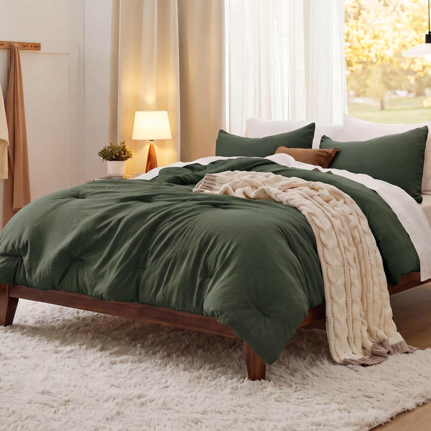 Detalle de Bedsure BB349B2 Full Comforter Set, Dark Green, 3-Piece Polyester Bedding