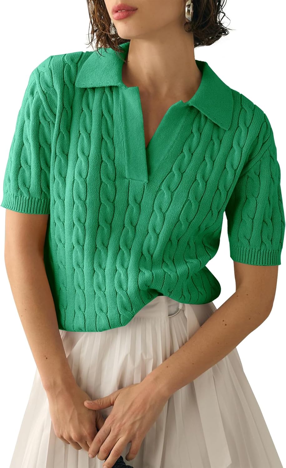 Thumbnail 6 de Imily Bela Women’s Cable Short Sleeve Sweater Top (V-Neck & Lapel) — Soft Pullover Knit