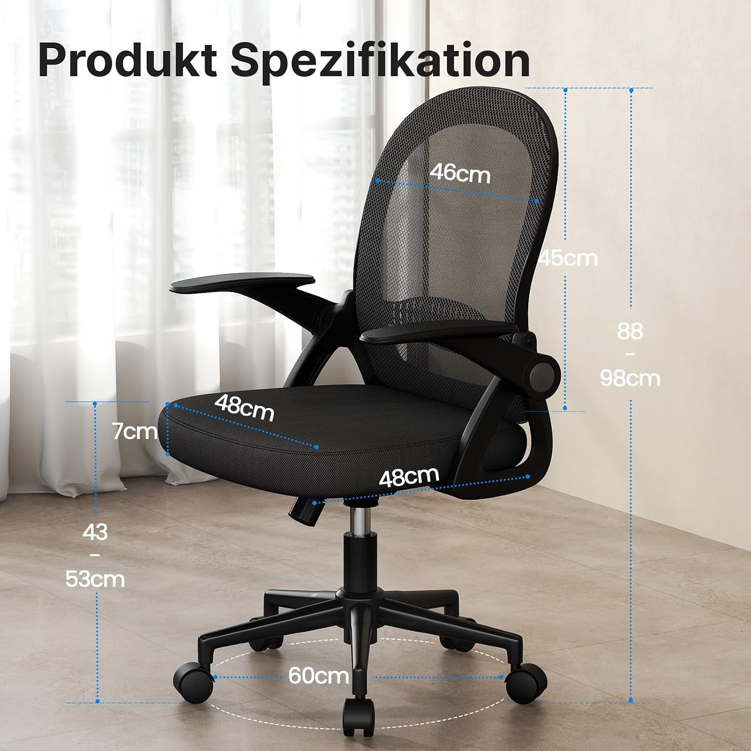 Detalle de naspaluro Bürostuhl – Ergonomischer Schreibtischstuhl mit Mesh-Rückenlehne, hochklappbaren Armlehnen und 360° Drehfunktion