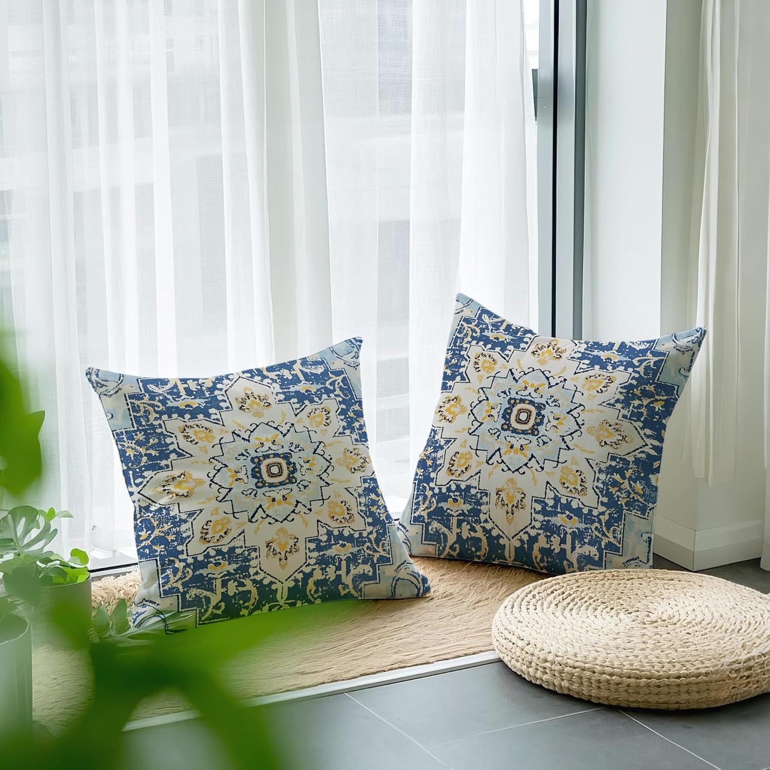 Thumbnail 3 de JANGYUHH Boho Kissenbezug 40x40 cm – 2er Set, Vintage Abstrakt, Blau