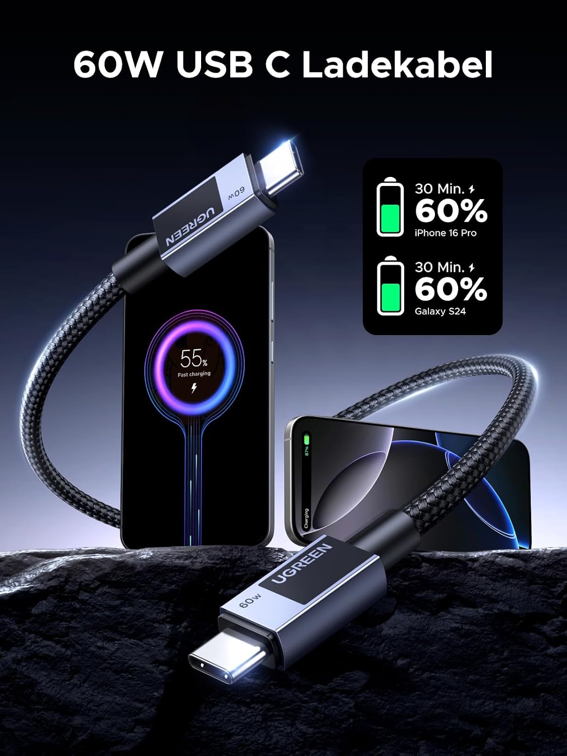 Detalle de UGREEN 60W USB‑C auf USB‑C Kabel PD 3.0 – 3 m