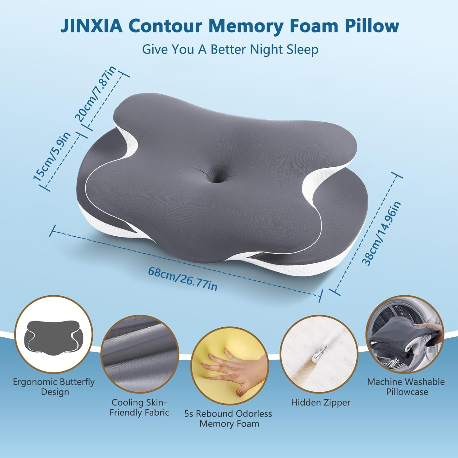 Thumbnail 5 de JINXIA Memory Foam Pillow for All Sleepers – Orthopedic cooling pillow in grey for neck & shoulder relief
