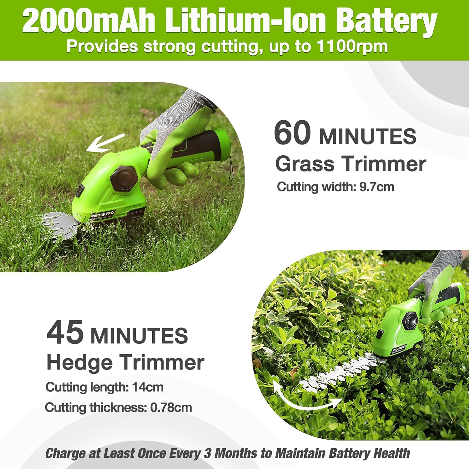Thumbnail 3 de WORKPRO 2 in 1 7.2V Cordless Hedge Trimmer & Grass Shear with Lithium-Ion Battery