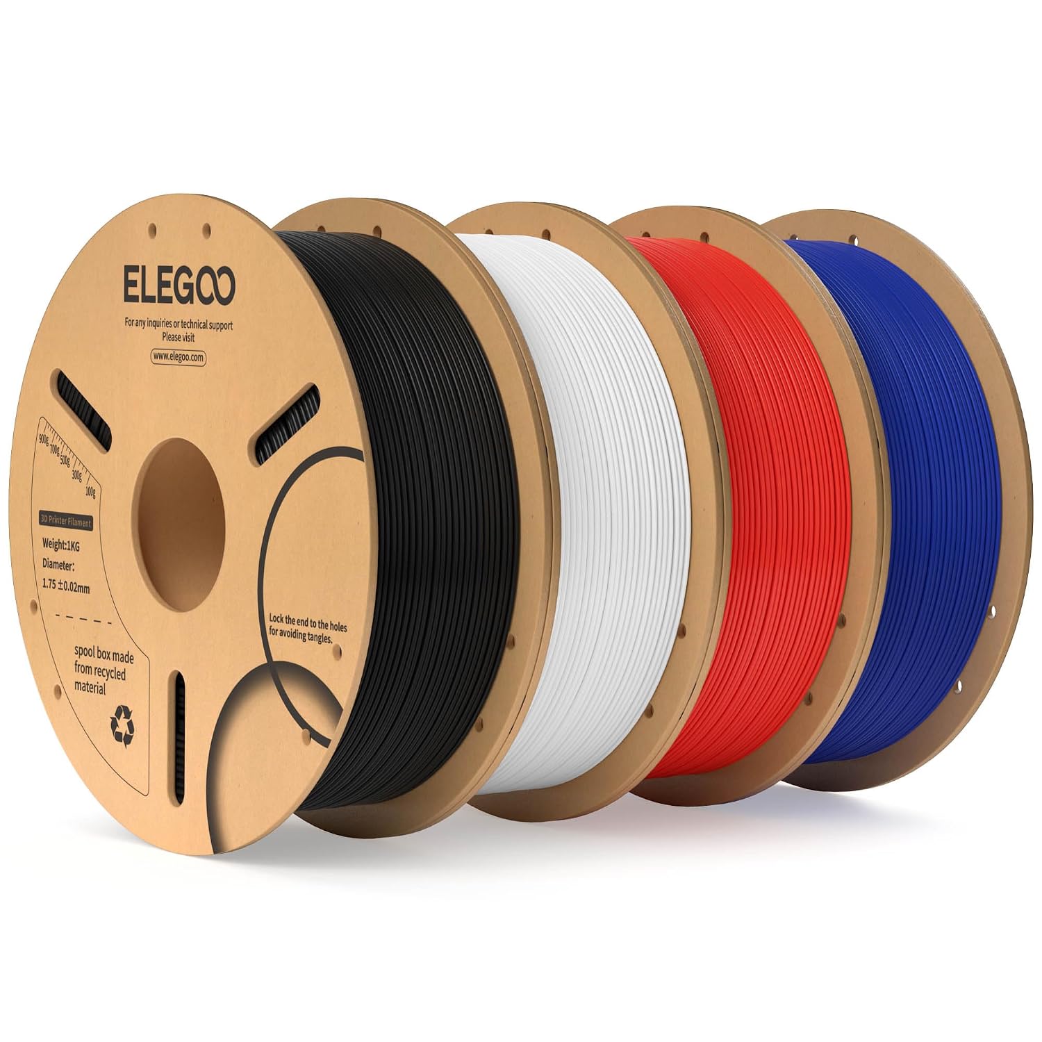 Imagen de ELEGOO PLA Filament 1.75mm Bundle 4KG – 4 x 1kg Spools (Black, White, Dark Blue, Red) for Most FDM Printers en OfertitasTOP
