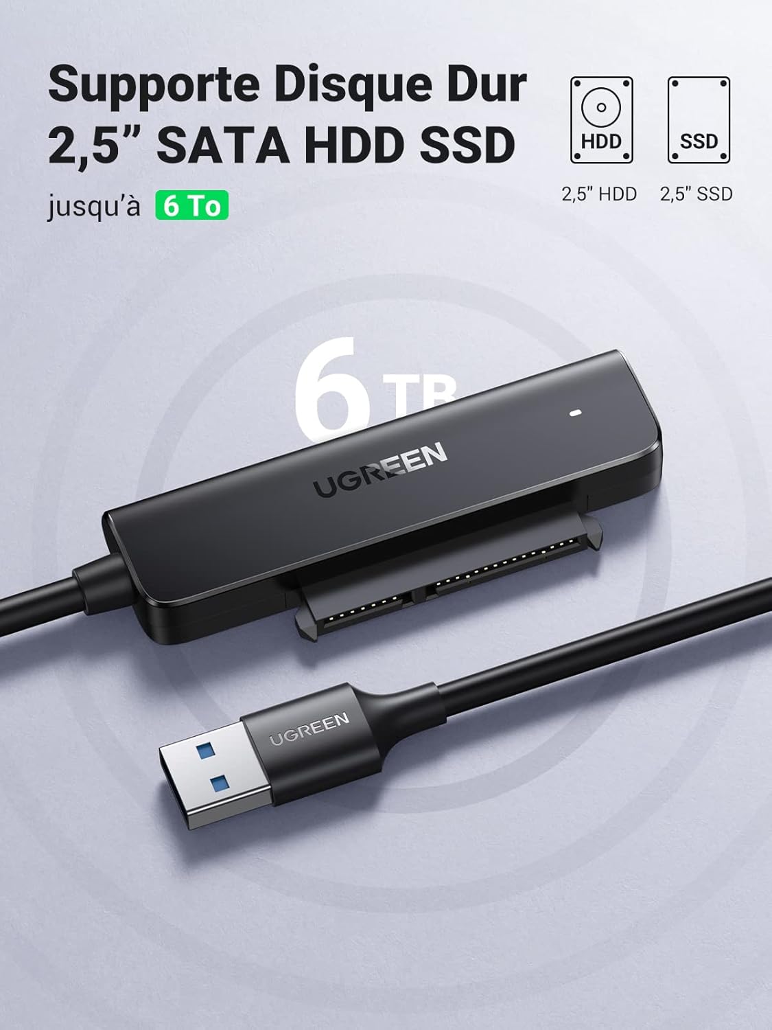 Detalle de UGREEN Câble SATA USB 3.0 Adaptateur SATA vers USB 3.0 pour SSD et disques durs 2,5 pouces (UASP, TRIM, Smart, 0,5 m)