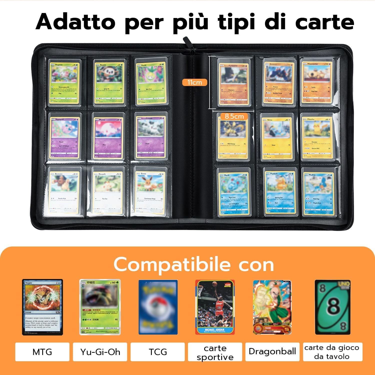 Detalle 2 de Tolesum Raccoglitore Toploader 3"x4" con zip e 10 toploader, 9 pagine (216 posti) per Magic, YuGi Oh e TCG